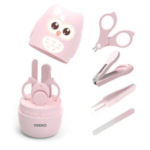 YIVEKO Baby Nail Kit, 4-in-1 Baby Nail Care Set with Cute Case, Baby Nail Clipper, Scissors, Nail File & Tweezers, Baby Manicure Kit and Pedicure kit for Newborn, Infant, Toddler, Kids-Owl Pink