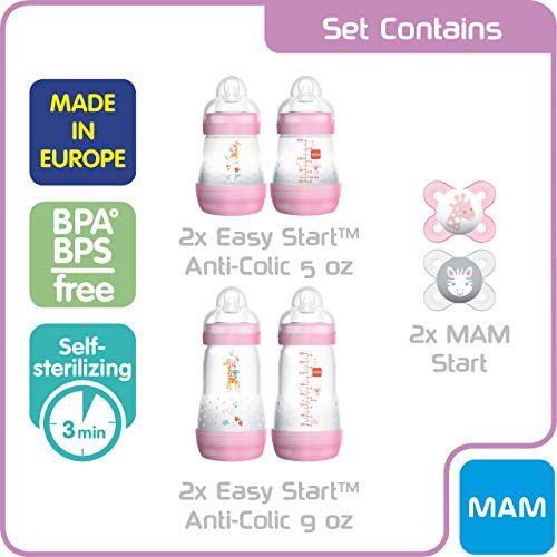 MAM Newborn Essentials "Feed & Soothe" Set (6-Piece), Easy Start Anti-Colic Baby Bottles, 0-2 Month Pacifier, Baby Shower Gifts for Baby Girl, Purple 3 MAM Newborn Essentials "Feed & Soothe" Set (6-Piece), Easy Start Anti-Colic Baby Bottles, 0-2 Month Pacifier, Baby Shower Gifts for Baby Girl, Purple